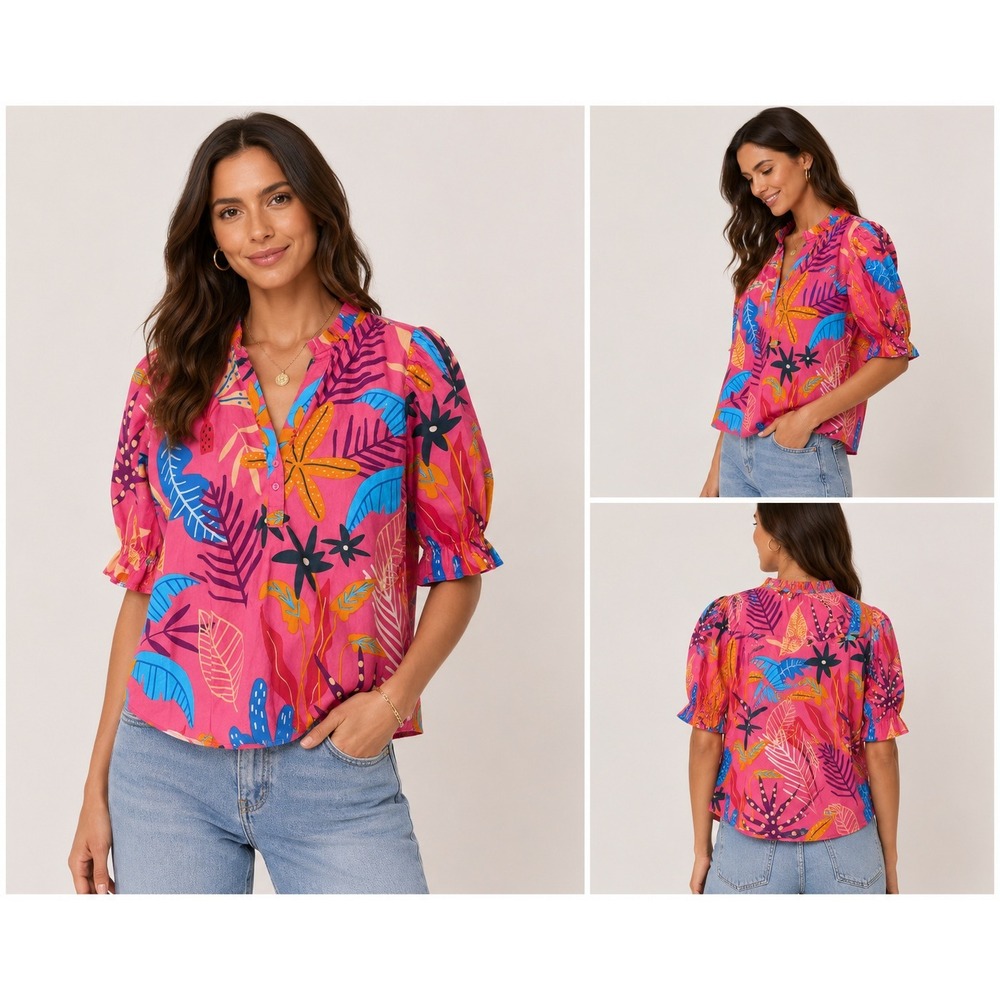 Maude Vivante 100% Cotton Amy Top L Pink Tropical Floral Ruffle Puff Sleeve Top